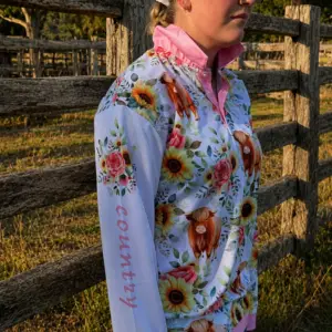Highland Cow pink polo. Designed to look elegant while out working & designed for rugged everyday wear