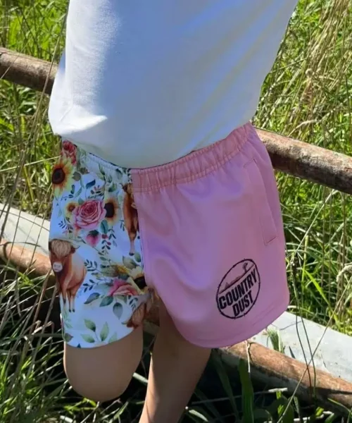 Kids pink Highland Cow shorts Australia Country Dust
